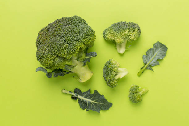 istock Flat lay with fresh broccoli on color background 2188452467