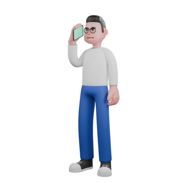 istock Video Editor 3D Model Character. A male video editor stands holding a cellphone in his right hand while answering a phone call. Illustration Cartoon Design 2188455053