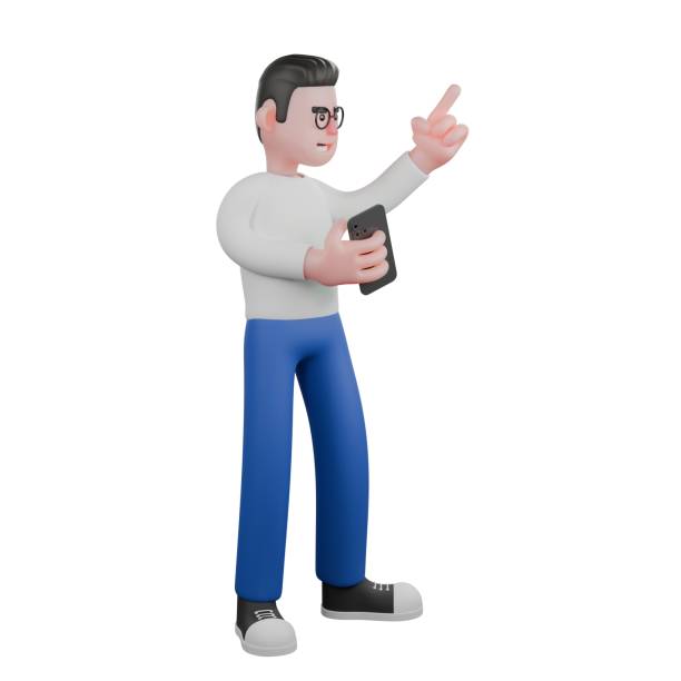 istock Creative 3D Cartoon Design for Video Editors. A video editor stands holding a cellphone in his right hand, and his left hand points up. Illustration Character 2188455465