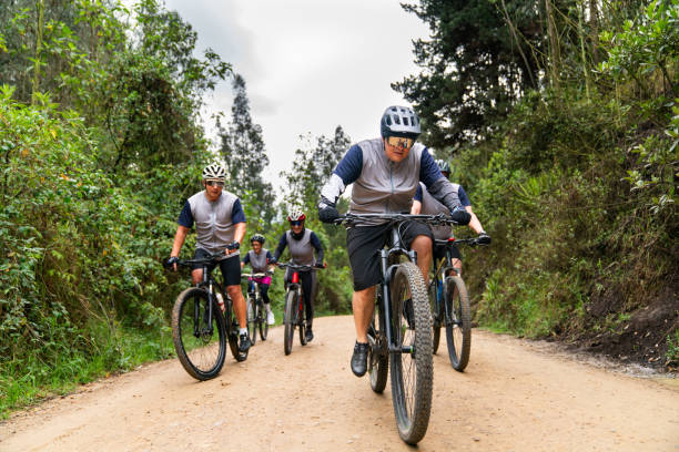 istock Group of mountain bikers riding uphill 2188455582