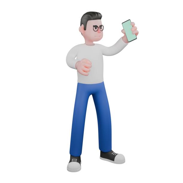 istock Creative Cartoon 3D Model Video Editor. A male video editor with his hands raised while carrying a cellphone in his left hand, and his right hand is clenched. Illustration Design 2188456072