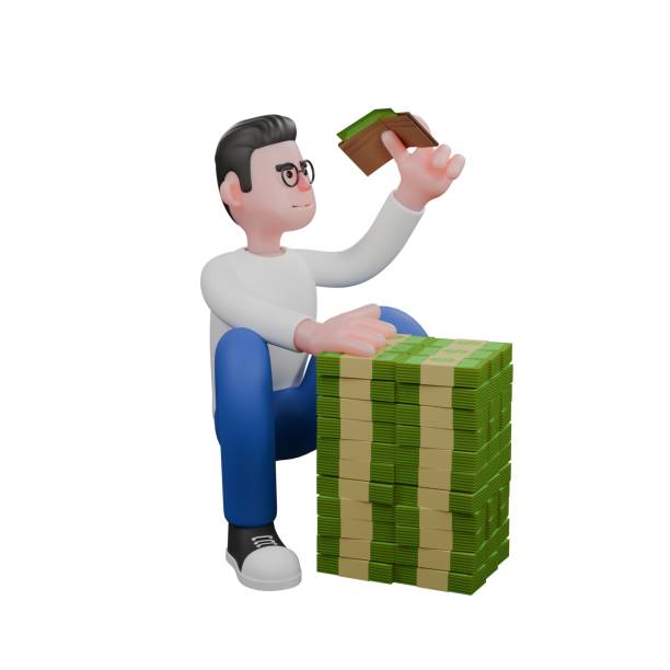 istock Video Editor 3D Model Cartoon for Animations. A male video editor squats holding a wallet filled with money in his left hand, and his right hand touches a pile of money. Illustration 2188456076