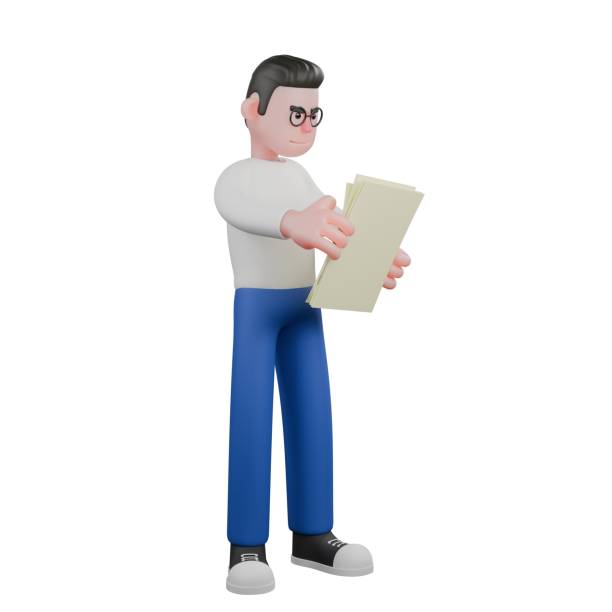 istock Cartoon Style Video Editor 3D Model. A male video editor stands holding several sheets of paper in both hands while looking at them, an expression of checking. Illustration Character. 2188456111