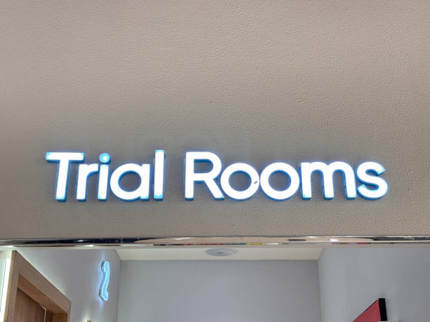 istock A sign for trial rooms is lit up in blue 2188458334