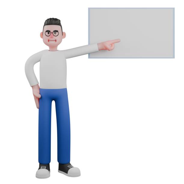 istock Professional Video Editing 3D Cartoon Model. A male video editor stands with his left hand pointing to the board and his right hand on his waist. Illustration Design 2188458443