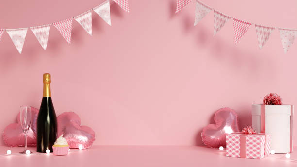 istock Elegant Pink Celebration with Champagne and Heart Balloons 3D Render. 2188467644