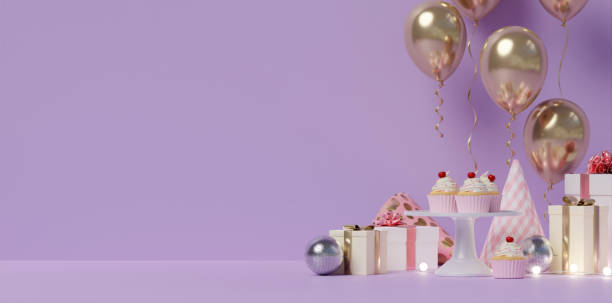 istock Cupcakes and Balloons with Gifts, Festive Purple 3D Render 2188467700