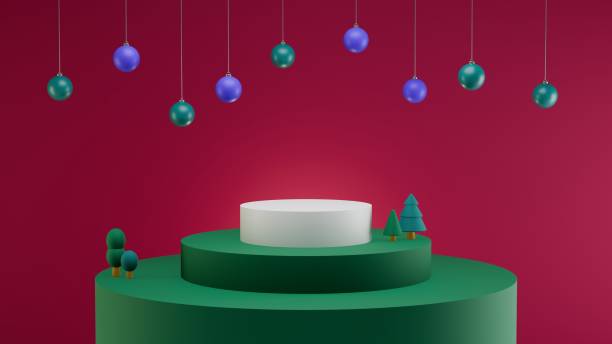 istock A modern Christmas scene with simple shapes and colors. Three platforms hold small trees, and colorful ornaments hang above. 3D rendering. 2188470231