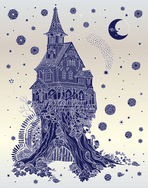 Vector hand drawn tree stump with fairy tale house, flying snowflakes and star. New Year and Christmas card, invitation