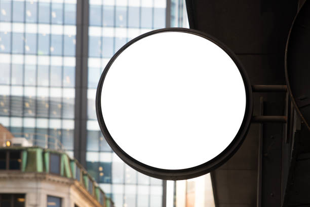 istock Blank round store sign with modern building on background 2188480322