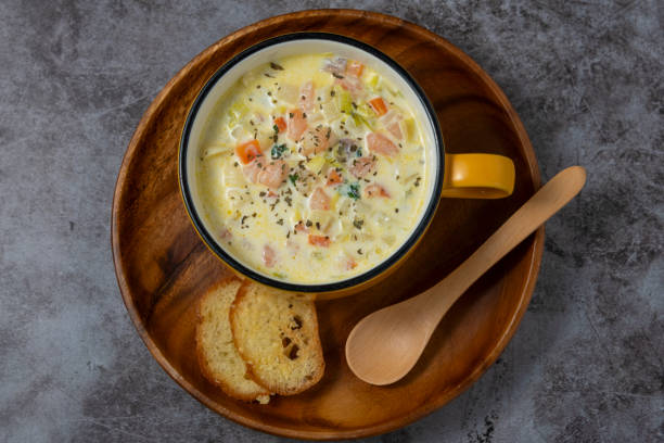 istock Chowder soup on a plate with a wooden spoon 2188482829