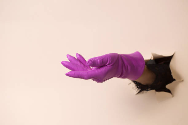 istock A woman's hand in a leather fuchsia glove shows a gesture of request 2188483588