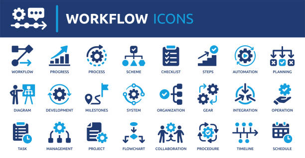 Containing process, planning, progress, scheme, management, diagram, flowchart and more. Solid vector icons collection.