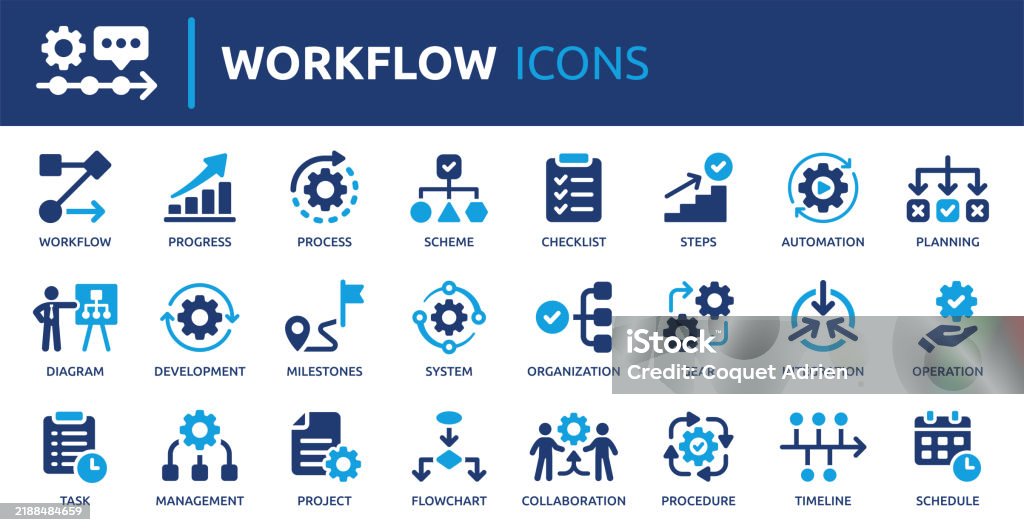 Workflow icon set Containing process, planning, progress, scheme, management, diagram, flowchart and more. Solid vector icons collection. Icon Symbol stock vector Workflow icon set Containing process, planning, progress, scheme, management, diagram, flowchart and more. Solid vector icons collection. Icon Symbol stock vector