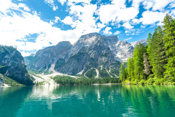 istock Breathtaking lake braies reflecting dolomites peaks in summer 2188486446