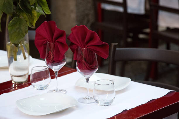 istock Restaurant table served outdoors for a couple. Two wine glasses with red napkins inside. Art of catering. New year red and white table setting. Nobody. Empty restaurant in pandemic period 2188486690