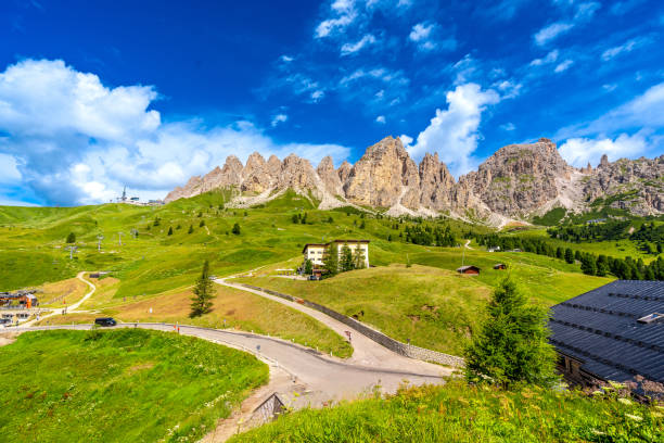 istock Passo gardena winding road leading to dolomites group mountains in summer 2188487921