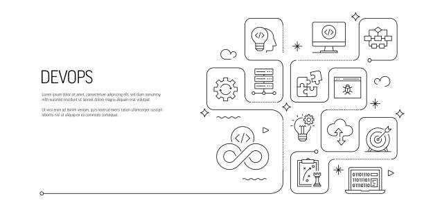 DevOps Related Line Art Banner Design. Coding, Developer, Programming, Internet, Technology, Software. DevOps Related Line Art Banner Design. Coding, Developer, Programming, Internet, Technology, Software. devops-icon stock illustrations