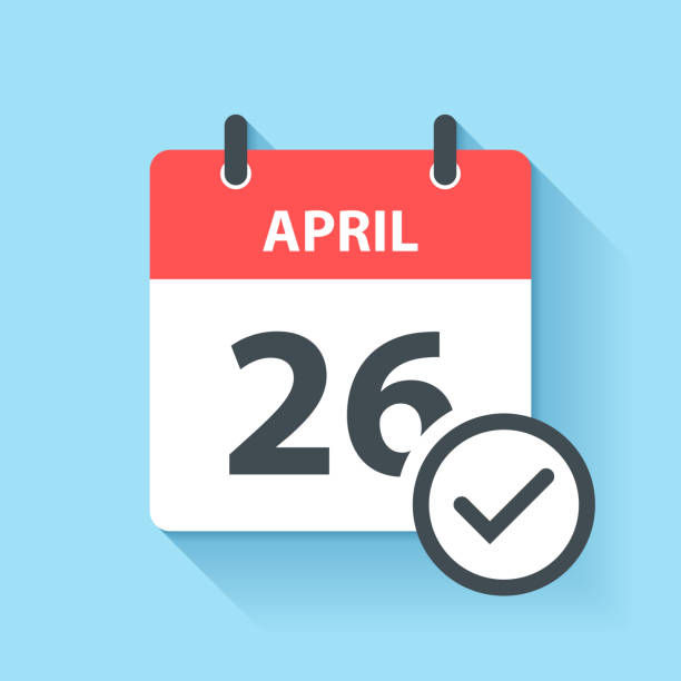 April 26 - Daily Calendar Icon in flat design style April 26. Calendar Icon with a check mark. Illustration with a long shadow in a Flat Design style. Daily calendar isolated on blue background. Vector Illustration (EPS file, well layered and grouped). Easy to edit, manipulate, resize or colorize. Vector and Jpeg file of different sizes. april 26 vector flat daily calendar icon date and time stock illustrations