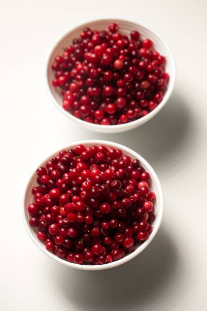 Two bowls of red lingonberries are placed on a white background