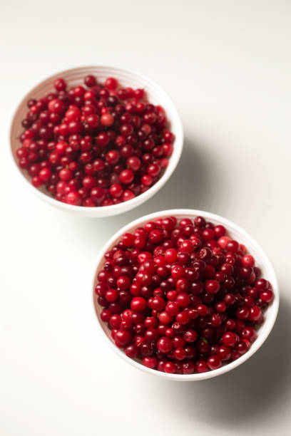 Two bowls of red lingonberries are placed on a white background