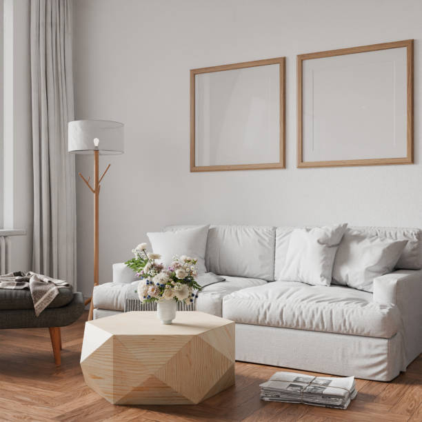 istock frame interior, mockup frame, living room, wood poster empty sunlight reflection, in home design, Homey interior design element cozy mockup, 3d render 2188493850