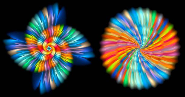 istock Two psychedelic fractals with hypnotic strobing effect. Rainbow colors. Isolated on black background. 2188496324