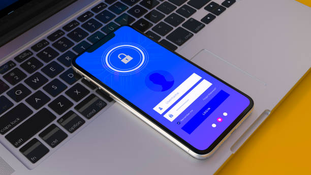 istock Smartphone on laptop keyboard, login screen with lock icon, blue gradient background, secure interface, sleek design, vibrant colors, 3D render. 2188499102