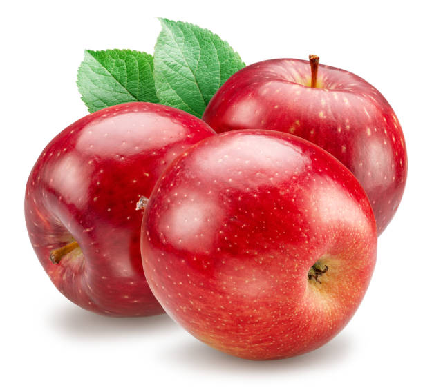 istock Three perfect red apples with green leaves on white background. File contains clipping path. 2188499139