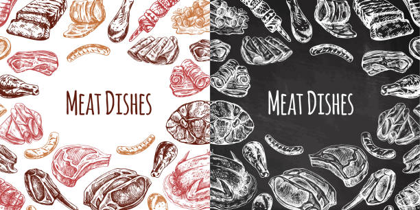 Hand-drawn seamless meat pattern with chalkboard and white backgrounds