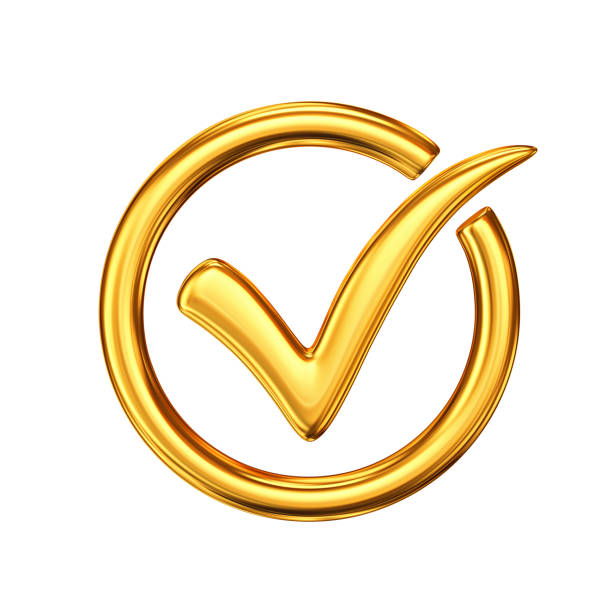Golden check mark. Approval sign isolated on white background. 3D rendering with clipping path