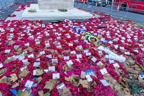 London, UK, November 2024: The Cenotaph on Whitehall surrounded by remembrance day wreathes.
