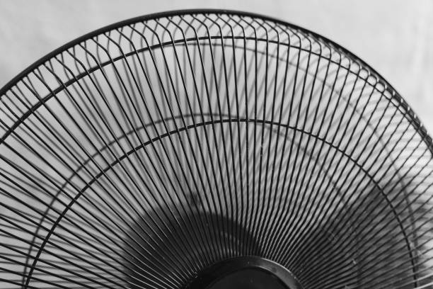Black fan with intricate wire design captures light and shadow in a minimal setting during midday