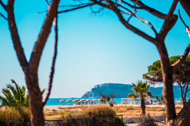 istock Tranquil Beach Scene Framed by Trees with Distant Mountain and Clear Sky in Vibrant Summer Setting Highlighting Leisure and Natural Beauty 2188510467