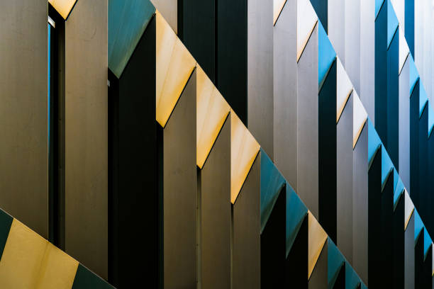 Abstract Colorful Architectural Facade with Interplay of Light, Shadows, and Angular Geometric Patterns