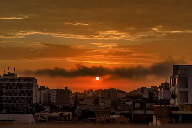 A stunning urban sunset with vibrant red clouds over Lima, Peru