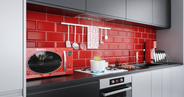Festive Domestic Kitchen with Bold Red Accents and Sleek Design
