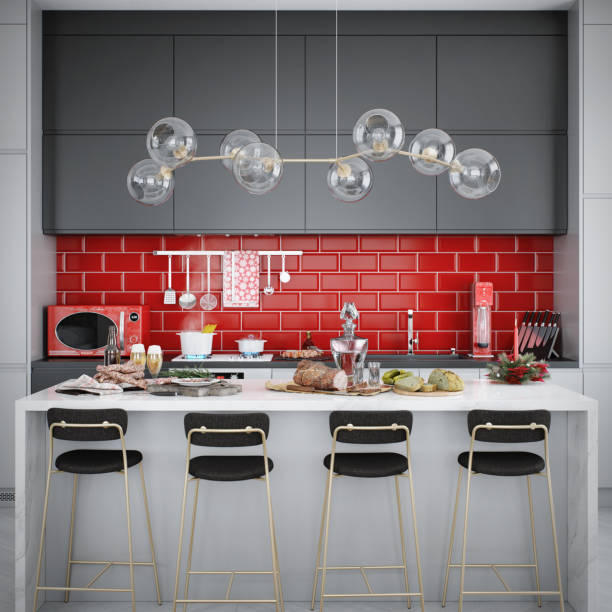 istock Festive Domestic Kitchen with Bold Red Accents and Sleek Design 2188520019