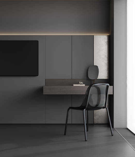 istock Home dark bedroom interior with work table and chair, 3d render 2188523595