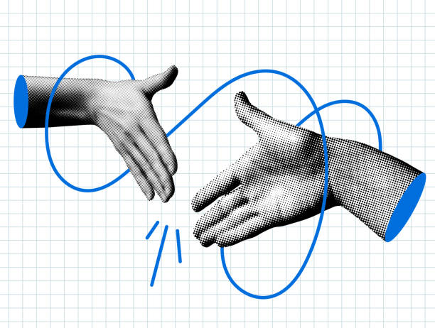 руки тянутся друг к другу. рукопожатие - составное изображение stock illustrations