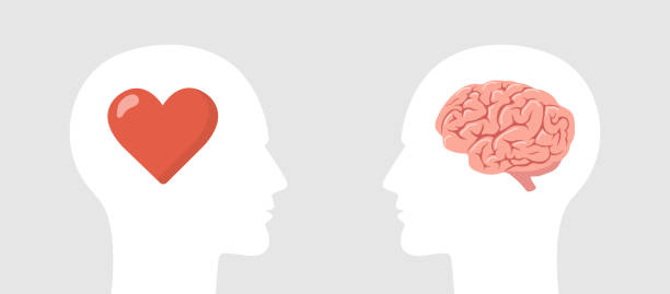 istock Brain vs Heart. Emotion and intellect balance. Two human heads with heart and a brain. Logic and feel choice concept. Vector illustration in cartoon style 2188530476