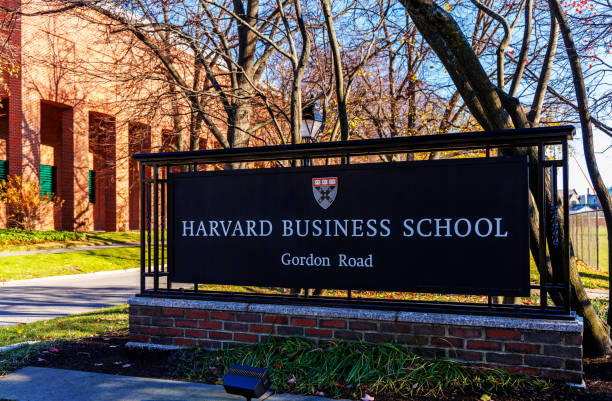 Boston, Massachusetts, USA - November 30, 2024: Close-up of the Harvard Business School (HBS) sign at the Gordon Road entrance to the campus. Harvard Business School is the graduate business school of Harvard University, a private research university. It is consistently ranked among the top business schools in the world and offers a full-time MBA program, management-related doctoral programs, and executive education programs.