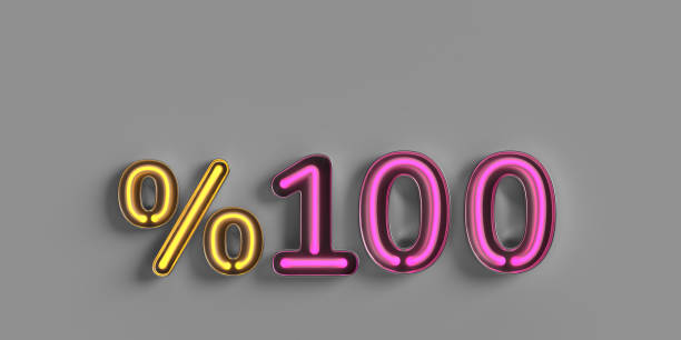 3D rendered colorful neon letters on gray background with %100 discount,  win or sale percentage. LArge copy space and clipping path.