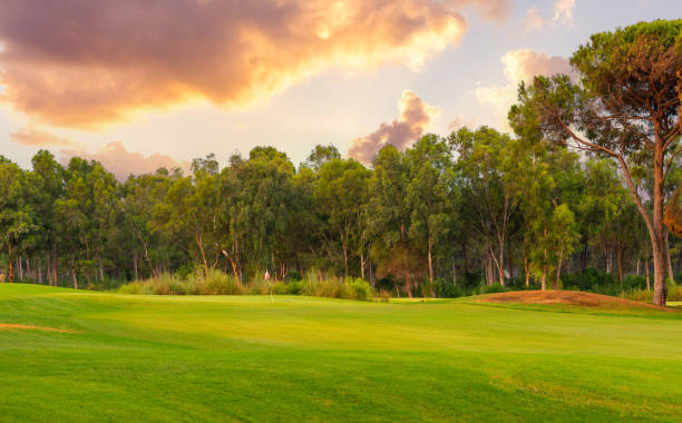 istock A peaceful golf course surrounded by dense trees, illuminated by the warm hues of a vibrant sunset sky, creating a serene retreat. 2188533151