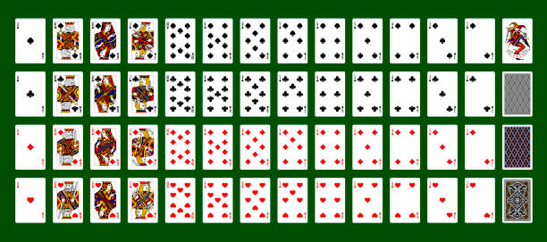istock Full set of playing cards with Joker and back sides on green background 2188535698