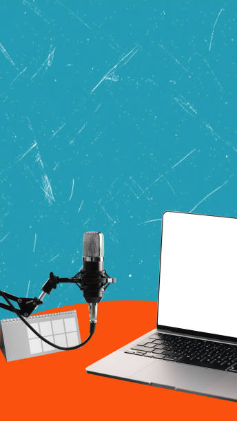 Contemporary art collage featuring laptop and microphone with copy space.