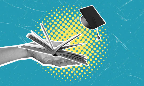 istock Modern art collage shows a hand holding a book and a graduate's cap. 2188538786