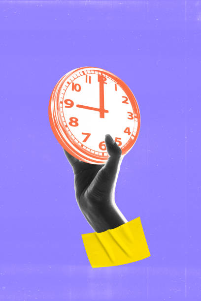 istock Contemporary art collage. Hand holding clock with bold orange and white colors, symbolizing time management and focus on minimal purple backdrop. 2188539160