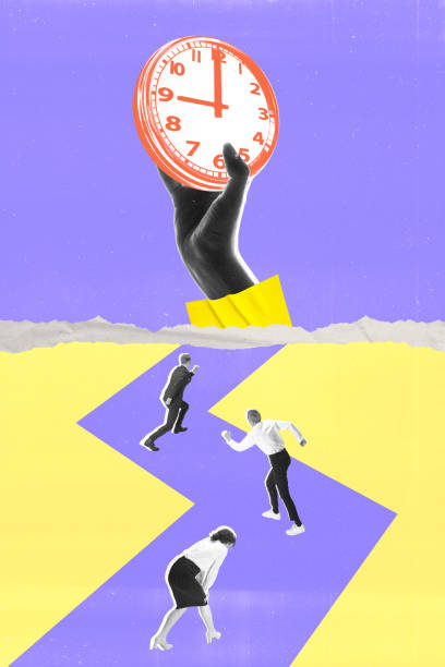 istock Contemporary art collage. Hand holding clock above zigzag path where people running, representing urgency of achieving goals within limited time. 2188539161