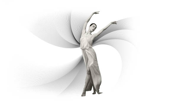 Cotemporary art collage. Female ballet dancer in mid-motion pose, surrounded by dynamic geometric shapes and lines, merging art and athleticism.